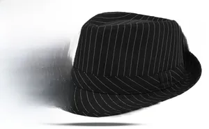 Detail view of black Fedora hat fabric with white stripes and elegant hatband decoration
