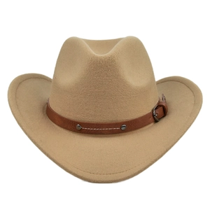 Classic khaki wool felt cowboy hat with vintage studded leather band and wide brim