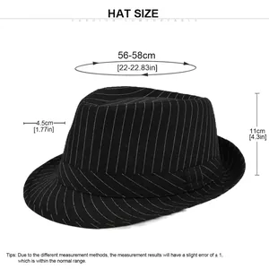 Size chart for black pinstripe fedora hat with 56-58cm head circumference dimensions