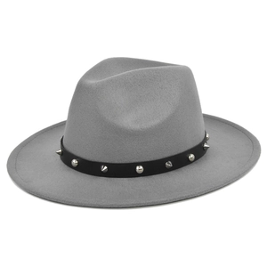 Grey wool felt fedora featuring a black leather band with silver punk metal spikes