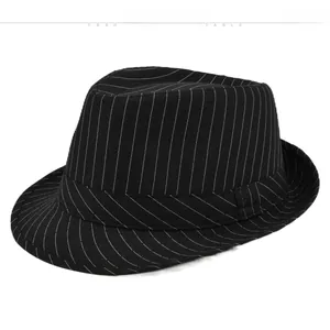 Close-up of black fedora hat with fine white vertical pinstripes and textured fabric