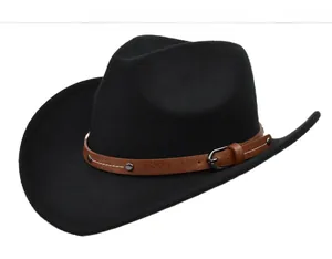 Close-up of black wool felt cowboy hat with brown faux leather band and silver studs