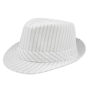 Classic white linen fedora hat with black pinstripes in a 45-degree angle view