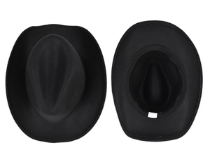 Top and interior view of black felt cowboy hat featuring curved brim and inner wash label