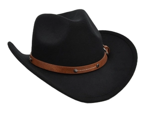 Detail of black felt cowboy hat with brown leather band and white contrast stitching