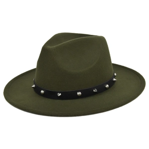 Detailed side view of an army green wool fedora hat with punk style metal studded leather band