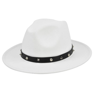 Detailed view of white wool fedora hat featuring a black leather band with silver metal studs