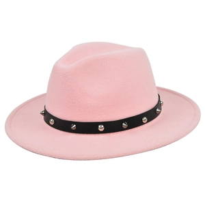 Detail of pink wool fedora with black faux leather band and silver metallic studs