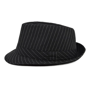 Close-up of black pinstripe fedora hat fabric texture and matching ribbon band detail