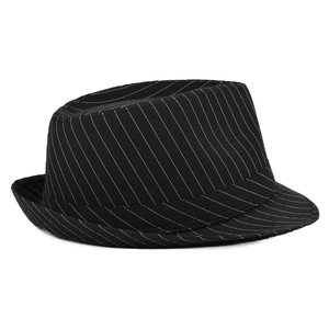 Detailed view of the classic black pinstripe fedora with vintage British style accents