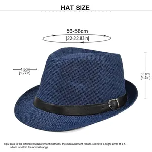 Size guide for woven fedora hat with navy blue texture and classic leather buckle band