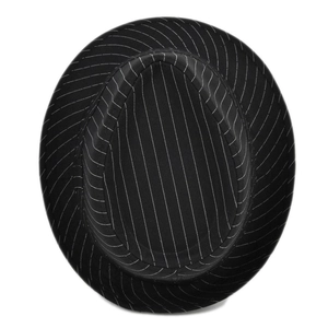 Top-down view of a black jazz fedora with white pinstripes and detailed inner lining