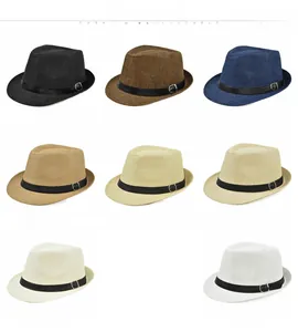Grid display showing eight colors of breathable straw jazz hats with leather belt buckles