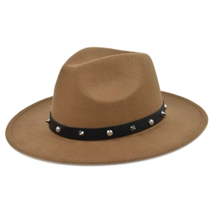Vintage British Style Woolen Fedora Hat Punk Metal Studs Leather Band Wide Brim Jazz Cap For Women Men Daily Wear Fashion