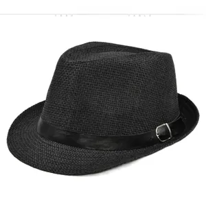Detail of black woven paper straw jazz hat with leather belt and silver buckle