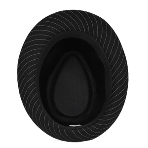 Detailed interior view showing black striped fedora hat lining and sweatband texture