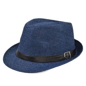 Macro shot of navy straw fedora hat featuring a woven texture and black leather belt buckle