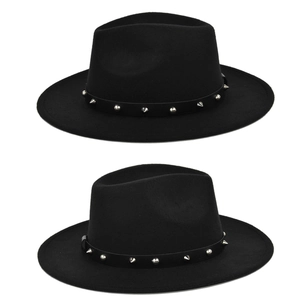 Detail of black wool fedora hat featuring a ribbon band with silver metallic cone studs