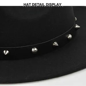 Classic black wool fedora hat featuring a punk style leather band with silver metal spikes