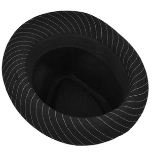 Interior view of black striped fedora hat showing clean lining and fabric detail