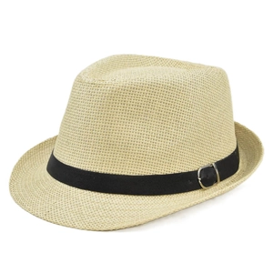 Detailed weave texture of beige paper straw hat with black band and silver buckle