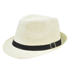Detailed view of cream straw fedora hat featuring fine woven texture and black leather belt