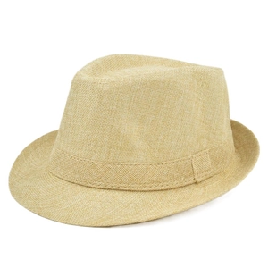 Close-up of the woven texture and center dent crown on a beige straw fedora hat