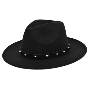 Classic black wool fedora with punk silver metal studs and a wide straight brim design