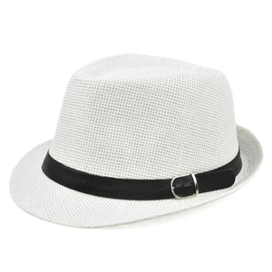 Close-up of white woven summer fedora hat with black band and silver metal buckle
