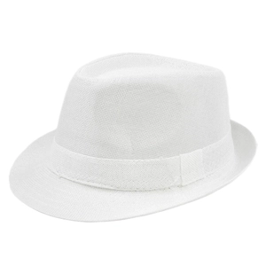 Detail of the woven texture and matching white ribbon on a classic fedora hat