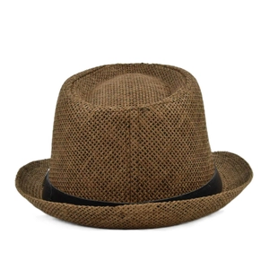 Close-up of the fine straw weave texture and black decorative ribbon on a brown fedora hat