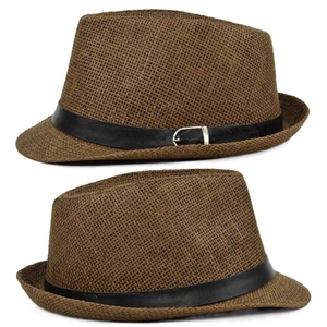 Detail of dark brown woven fedora hats with black faux leather band and silver buckle