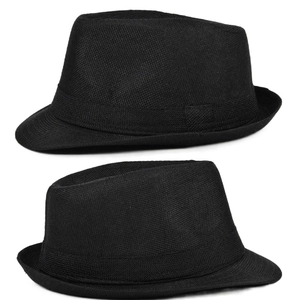 Detail view of the woven texture and grosgrain ribbon on this black Fedora hat