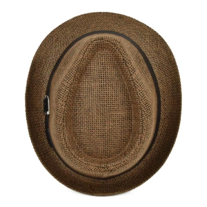 Top-down view of brown straw fedora hat featuring woven texture and dark band with buckle