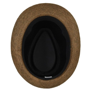 Detail view of the brown straw fedora interior featuring black sweatband and care label