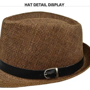 Classic brown straw fedora hat for men and women featuring a black leather band and buckle