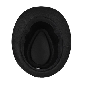 Detail view of the black fedora hat interior showing the sweatband and woven texture