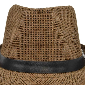 Brown woven fedora straw hat with black leather belt band and detailed texture