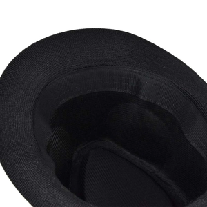 Detail view of the black woven hat featuring the interior grosgrain sweatband and texture