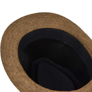 Detailed close-up of the breathable black inner lining and sweatband of this straw fedora