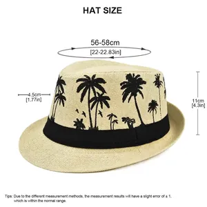 Straw fedora beach hat with palm tree embroidery and size dimensions guide
