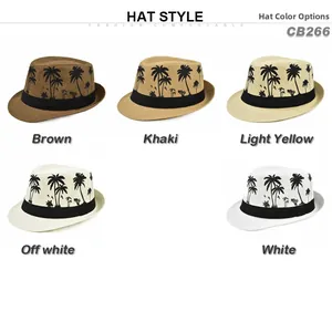 Detail display of straw fedoras in various colors with black palm tree patterns
