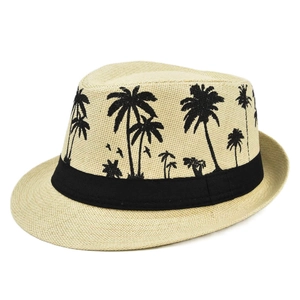 Detail of beige straw fedora featuring a black palm tree pattern and matching ribbon trim