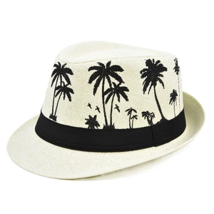 Straw Panama hat with palm tree print and black ribbon for summer beach sun protection