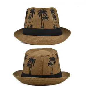 Detailed 360-degree view of brown straw fedora with black ribbon and coconut tree pattern