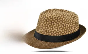 Detail view of woven straw fedora hat featuring classic black ribbon and two-tone pattern