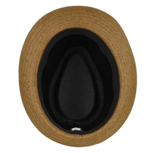 Detailed macro view of straw jazz hat interior featuring black sweatband and fine weaving