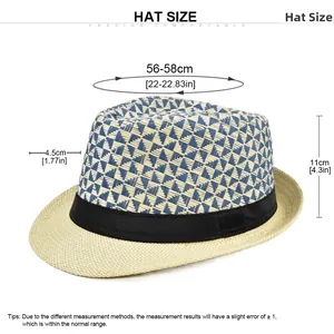 Detailed size chart for straw fedora hat showing circumference, brim, and height measurements