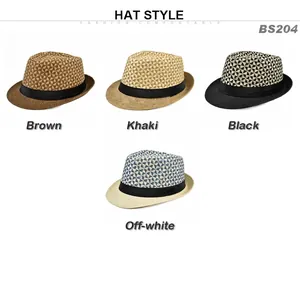 Classic straw fedora hats in four colors with geometric textures and black ribbons