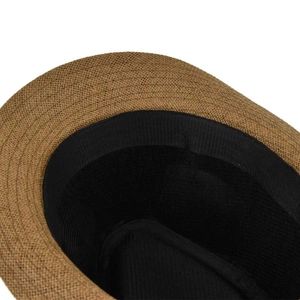 Detail view of the wide black sweatband and tight straw weaving on a brown jazz hat